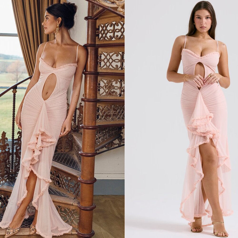 House of CB 'Gabriella' Soft Peach Ruffled Front Gown NWT